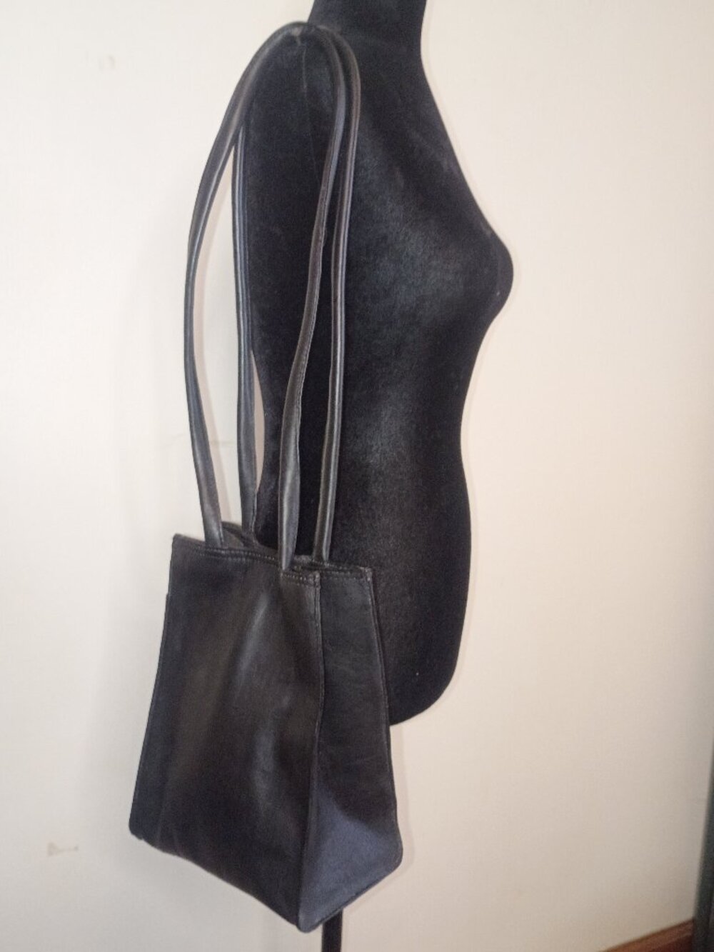 LATICO Black Leather Paper Bag Style Double Handle Shoulder Bag--Minimalist